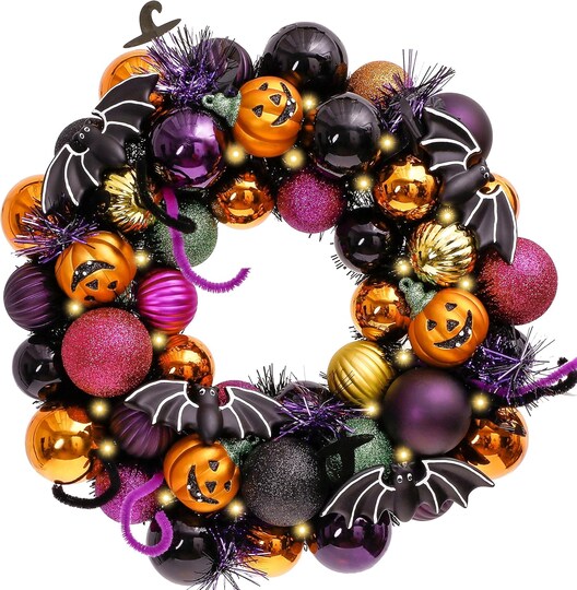 Citrus; Halloween Pumpkin Wreath, Lighted Halloween Wreath, Halloween Front Door Decorations, Halloween Party Decor, Pumpkin Ball Wreath | 12 Inch Pre-Lit Pumpkin Wreath with 60 Shatterproof Treat-or-Treat Ball Ornaments, LED Timer Wreath for Door, Wall, Tab; Category:Halloween Decorations; Image:1